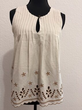 Cream Eyelet Embroidered Sleeveless Blouse | Keyhole Neck Feminine Boho Top
